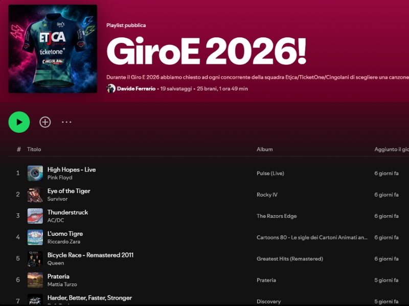 Cingolani Bike Shop al Giro-E 2026 con Official Team Etjca TicktOne: nasce la playlist Spotify dei protagonisti